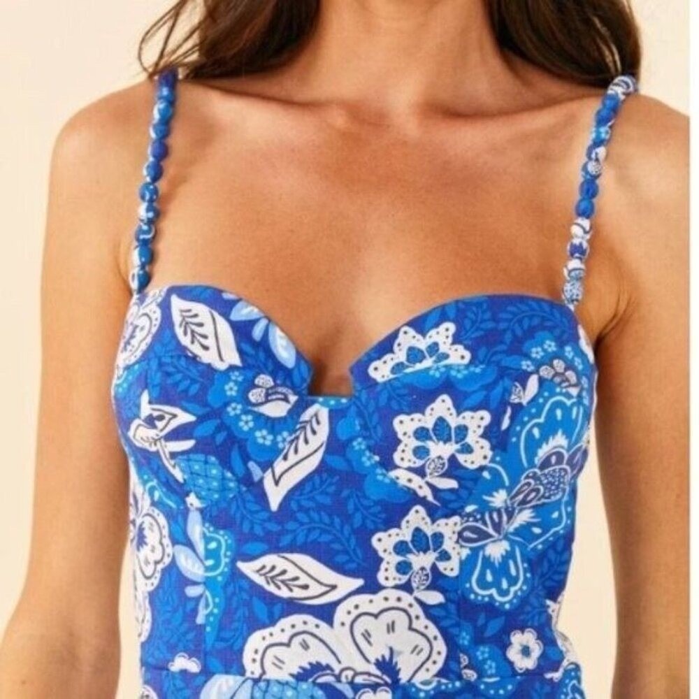 Farm Rio Blue Full Of Flowers Organic Cotton Midi Dress Garden Party Boho NWT XL